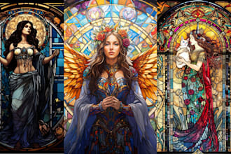 draw classic line art stained glass art illustration, mosaic art and fantasy art