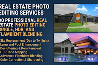do professional real estate photo editing single, hdr, and flambient blending