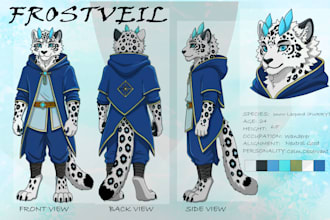 draw a professional furry and anthro character reference sheet