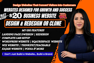 design wordpress website, sqaurespace website, wix website, thinkific lms setup