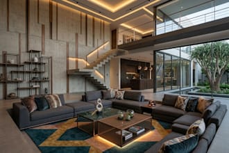 create a modern living room design with 3d photorealistic rendering