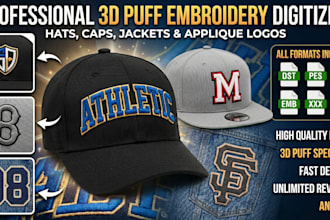 do 3d puff embroidery digitizing hat cap logo dst pes jef jacket applique