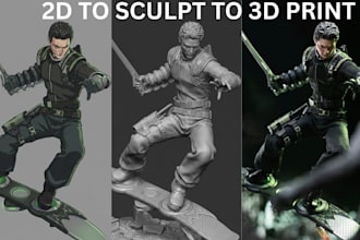 convert 2d to 3d printable model figurine sculpt stylised 3d character, 2d to 3d