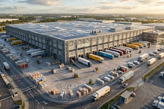 design warehouse, factory industrial building and logistic layout with promo ads