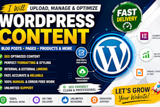 upload wordpress content, blog posts and update website SEO fast