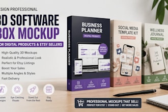 design digital product 3d software box mockup, 3d product mockup for etsy seller