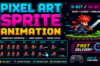 do 2d pixel art, sprite sheet animation, pixel art animation for retro games