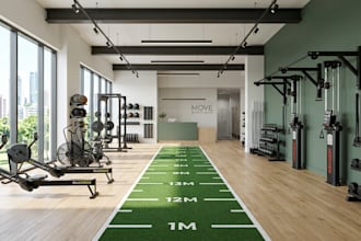 design a realistic 3d gym interior, fitness center, home gym and gym house plan