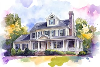digital watercolor of houses and buildings