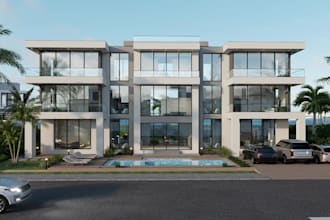 3d ocean front property,triplex villa design,rooftop lounge,garden render,facade