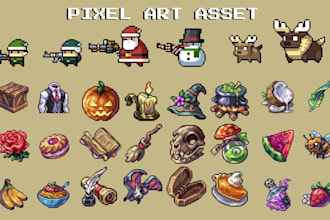 create professional 2d pixel game art assets, characters items and sprite sheets
