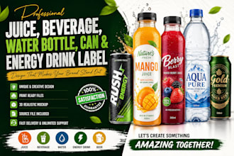 design juice label, water bottle label, can and beverage label
