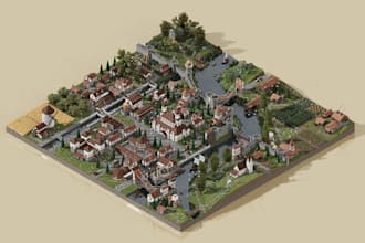 rebuild medieval fantasy city,isometric layout,terrain model,simulation game,dem