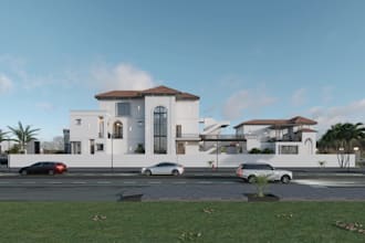 cgi estate property render,mansion exterior,3d villa,rooftop terrace, courtyard