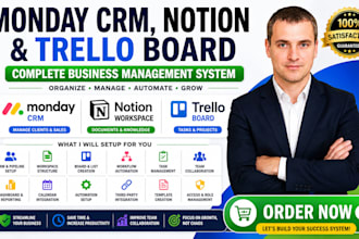 setup your monday crm, notion workspace and trello board for business management