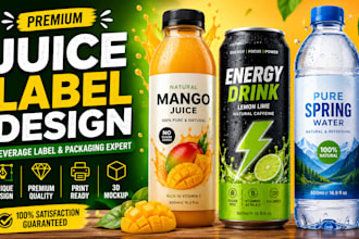 design juice label, water bottle label, energy drink and beverage label