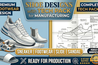 do shoe design sneaker, footwear, slide, sandal with tech pack for manufacturing