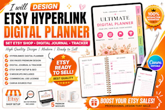 design etsy digital planner, etsy digital product, hyperlinked journal, etsy SEO
