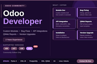 develop custom odoo modules, fix bugs, and apis integrations