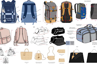 design and create a tech pack for backpack, handbag, duffle bag, luggage, purse