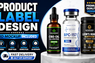 design peptide vial, supplement, cbd product label with 3d mockup