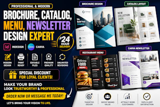 design brochure, catalog, restaurant menu, canva newsletter in 24h
