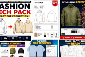 create fashion teach pack clothing tech pack, flat sketch for apparel production