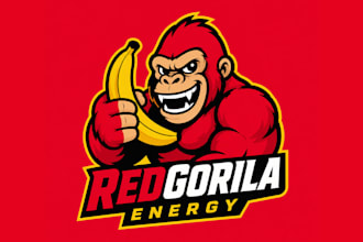 design wonderful red gorilla and yellow banana mascot logo design
