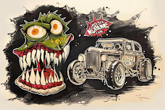 design crazy hotrod monsters cartoon in rat fink, ed roth,  kustom kulture style