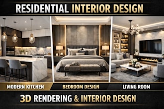 do 3d interior design, living room, bedroom, kitchen, bathroom and 3d rendering