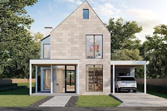 design 3d contemporary house, exterior rendering, minimalist aesthetic,deck area