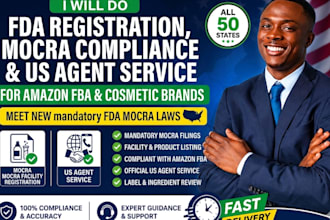do fda registration mocra compliance and US agent service for amazon fba
