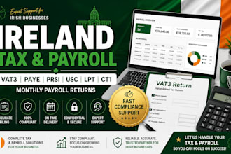 handle ireland vat3, paye, prsi, usc, lpt, ct1 and monthly payroll returns