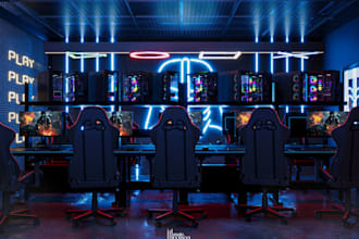 design futuristic 3d esports arena, gaming hub and gaming cafe interior