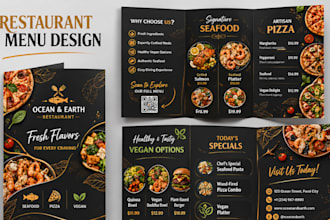 design a modern tri fold restaurant brochure for seafood pizza and vegan food