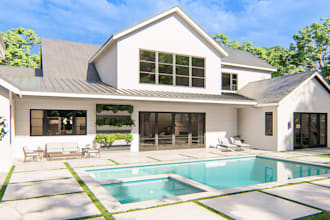 do landscape lighting design, pool, backyard, patio, outdoor 3d rendering