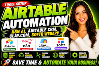 setup airtable automation, n8n ai, airtable database crm, clay com, softr webapp