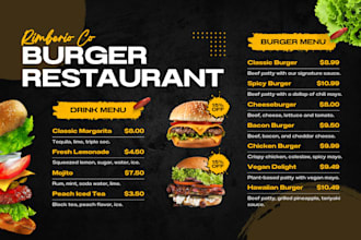 restaurant menu design, food menu, bar menu, cafe drink menu, digital menu board