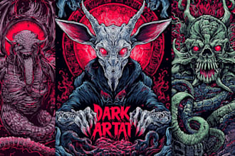 create detailed dark art illustrations for bands and merch