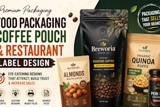 do food packaging design, coffee, pouch label design for restaurant brand