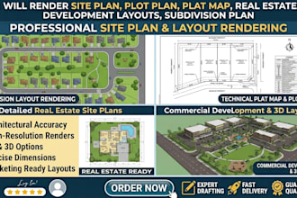 render site plan, plot plan, plat map, real estate, development layouts