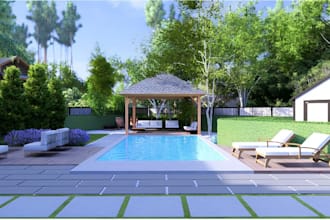 do 3d courtyard,backyard landscape design front yard, swimming pool,outdoor deck