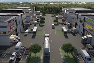 design 3d industrial park, logistic warehouse, facility park, parking space