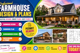 design modern farmhouse, barn dominium, patio and complete architectural plans