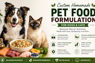 design homemade pet food formulation for dogs and cats with ingredients