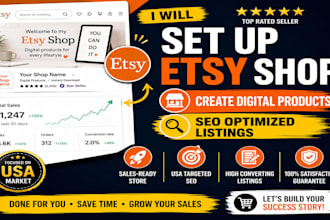 set up etsy shop, create digital products, and optimize etsy SEO listings