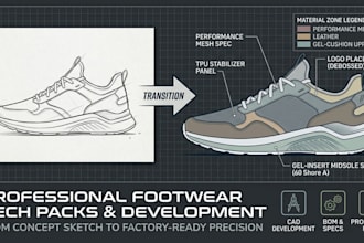design professional shoe tech packs and technical drawings for production