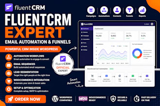 set up fluentcrm email campaigns, automation workflows and sales funnels
