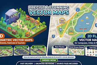 design a 2d flat or 3d isometric vector map for events campuses and tourism