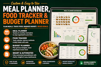 create meal planner spreadsheet, food tracker and budget planner